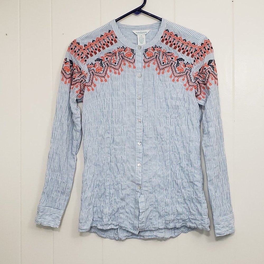 Sundance Seize The Day Shirt Banded Collar Embroidered Textured Boho SZ XS